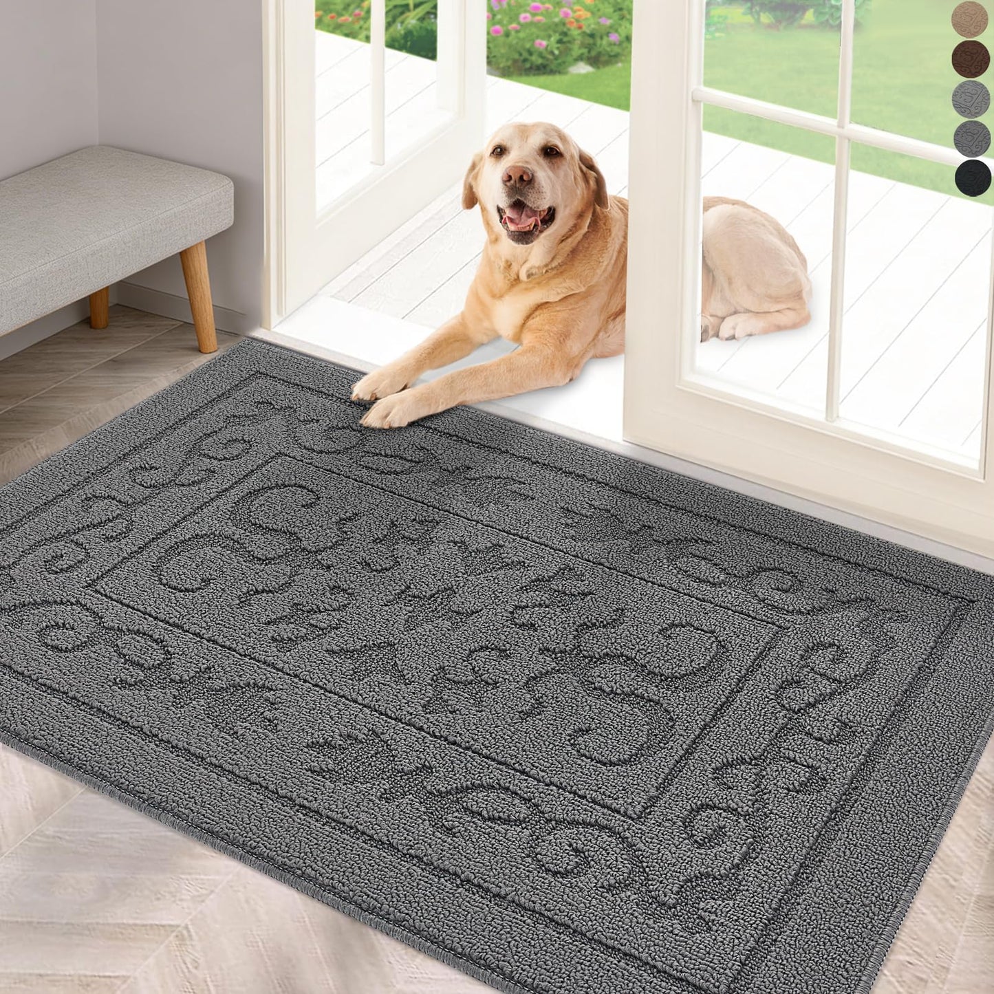 FONEYI Indoor Door Mat for Entryway 24" x 36", Absorbent Dirt Trapper Doormat with Non-Slip Backing, Low Profile Washable Entry Rug for Front Door, Muddy Shoes & Dog Paws, Grey