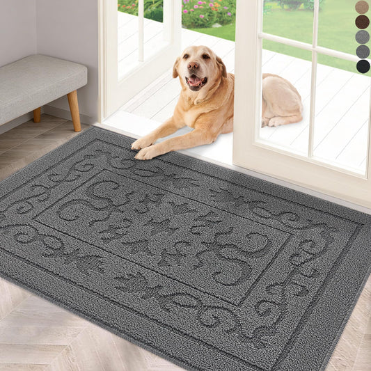 FONEYI Indoor Door Mat for Entryway 24" x 36", Absorbent Dirt Trapper Doormat with Non-Slip Backing, Low Profile Washable Entry Rug for Front Door, Muddy Shoes & Dog Paws, Grey