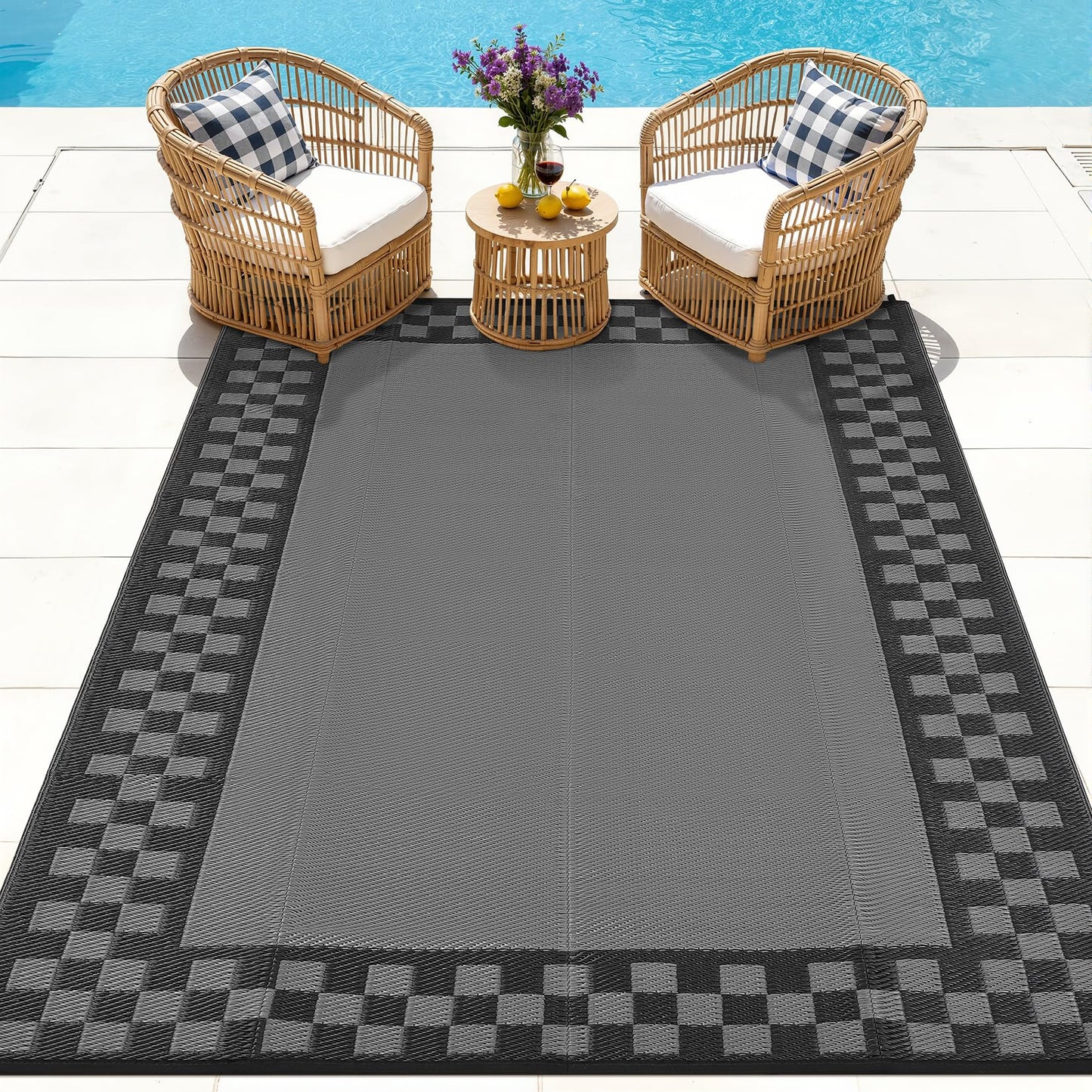 9x12 Outdoor Rug Waterproof Foldable Plastic Straw Carpet for Patio Porch Modern Checkered Reversible Mat Lightweight Floor Mat for Picnic, Backyard, Rv, Beach, Deck, Camper, Balcony, Grey