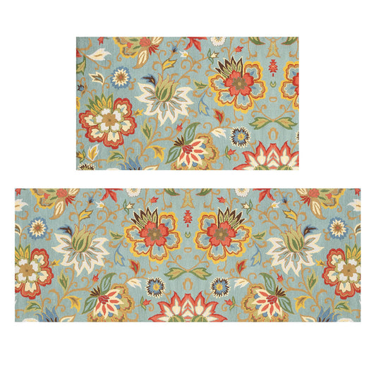 Colorful Floral Kitchen Rug for Floor 2 Piece Sets, Boho Floor Mat for Kitchen in Front of Sink for Standing for Kitchen Decor 17"X30"+17"X47"