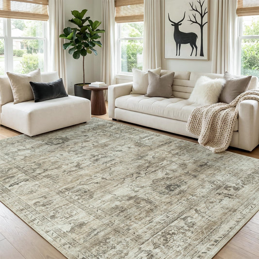 Washable Rugs 5x7 Beige Brown Area Rugs for Living Room,Rug for Bedroom, Vintage Distressed Non-Slip, Ultra Soft Faux Wool Carpet for Dining Room for Home Office Décor