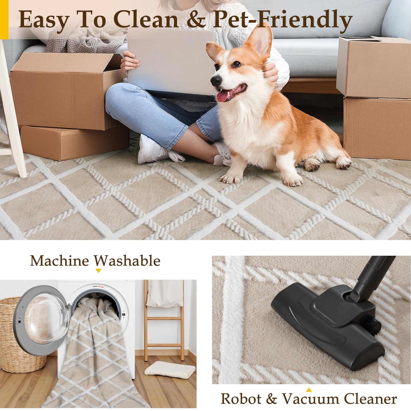 HUGEAR 5x7 Shag Area Rug Beige Modern Neutral Medium Plush Pile Super Soft Indoor Fuzzy Carpet Non Slip Non-Shedding Easy Care 0.5-inch Thick for High Traffic Areas in Living Room Bedroom Dining