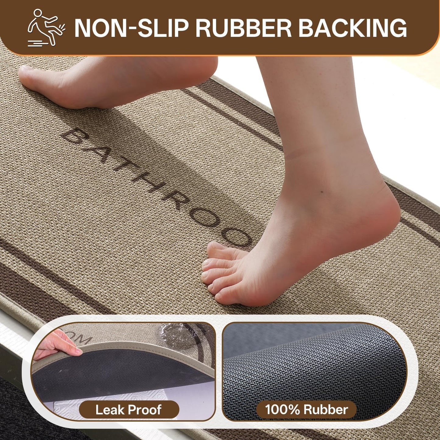 QiCaiJia Ultra Thin Oval Bath Mat Bathroom Rugs, Quick Dry Super Absorbent Washable Bath Shower Mats, Rubber Backing Non Slip Bathroom Rug Fit Under Door, 20x32, Border Brown