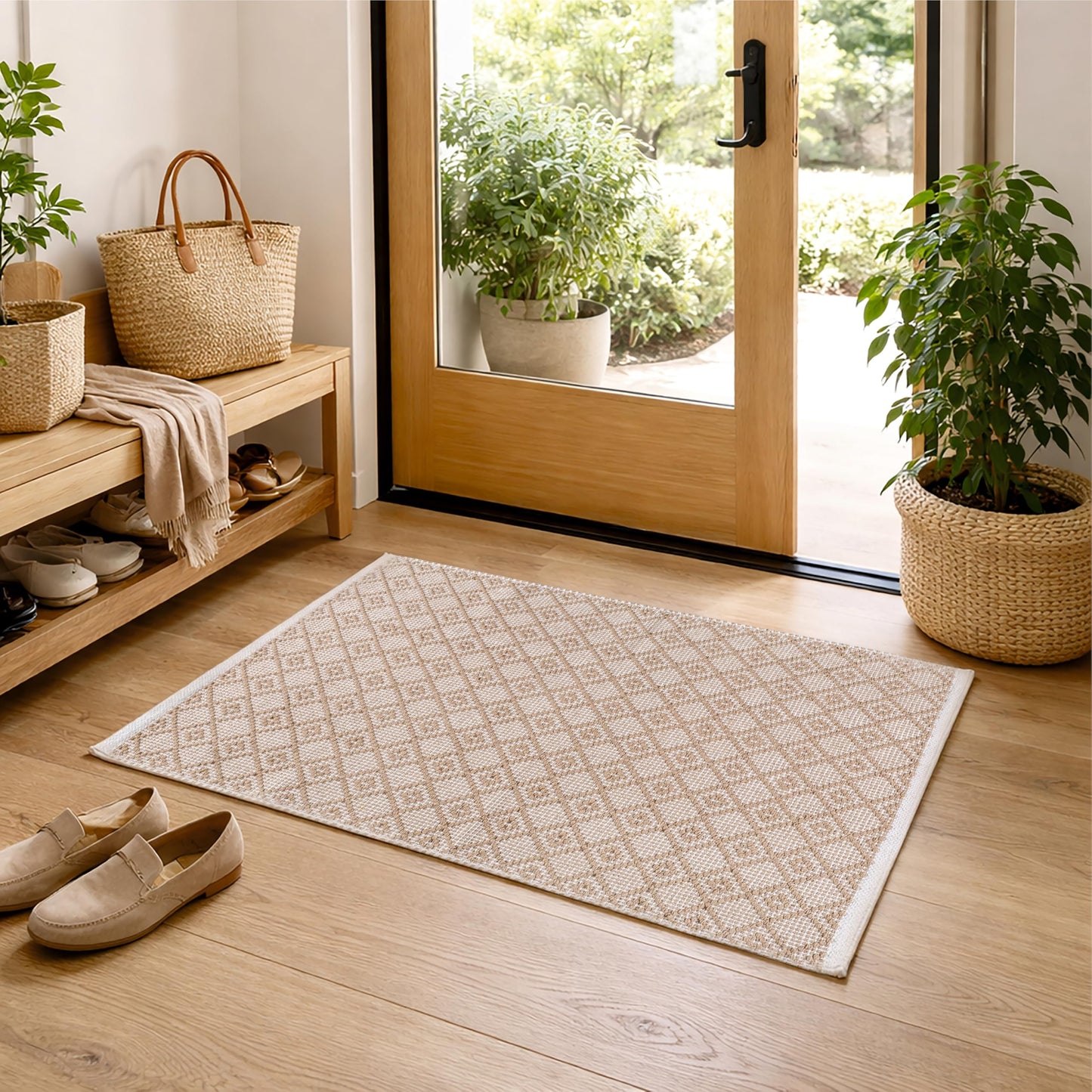 Cotton Diamond Woven Area Rug 2x3 Feet - Beige, Anti Slip Decorative Durable Boho Front Door Throw Mats Ideal for Entryway, Kitchen, Office | Teal Farmhouse Indoor Daily Use Patio Rugs for Bedroom