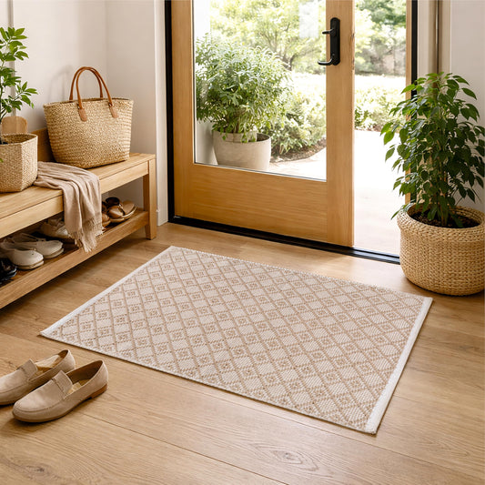 Cotton Diamond Woven Area Rug 2x3 Feet - Beige, Anti Slip Decorative Durable Boho Front Door Throw Mats Ideal for Entryway, Kitchen, Office | Teal Farmhouse Indoor Daily Use Patio Rugs for Bedroom