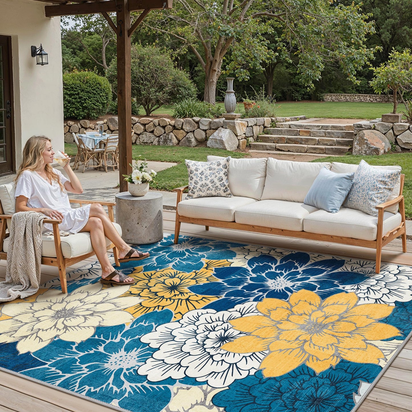 GENIMO Indoor Outdoor Area Rug 8' X 10' Waterproof, Washable Patio Rug Non Shedding, Easy Cleaning Floral Outdoor Carpet for Living Room, Bedroom, Dining Room, Balcony, Backyard, Blue