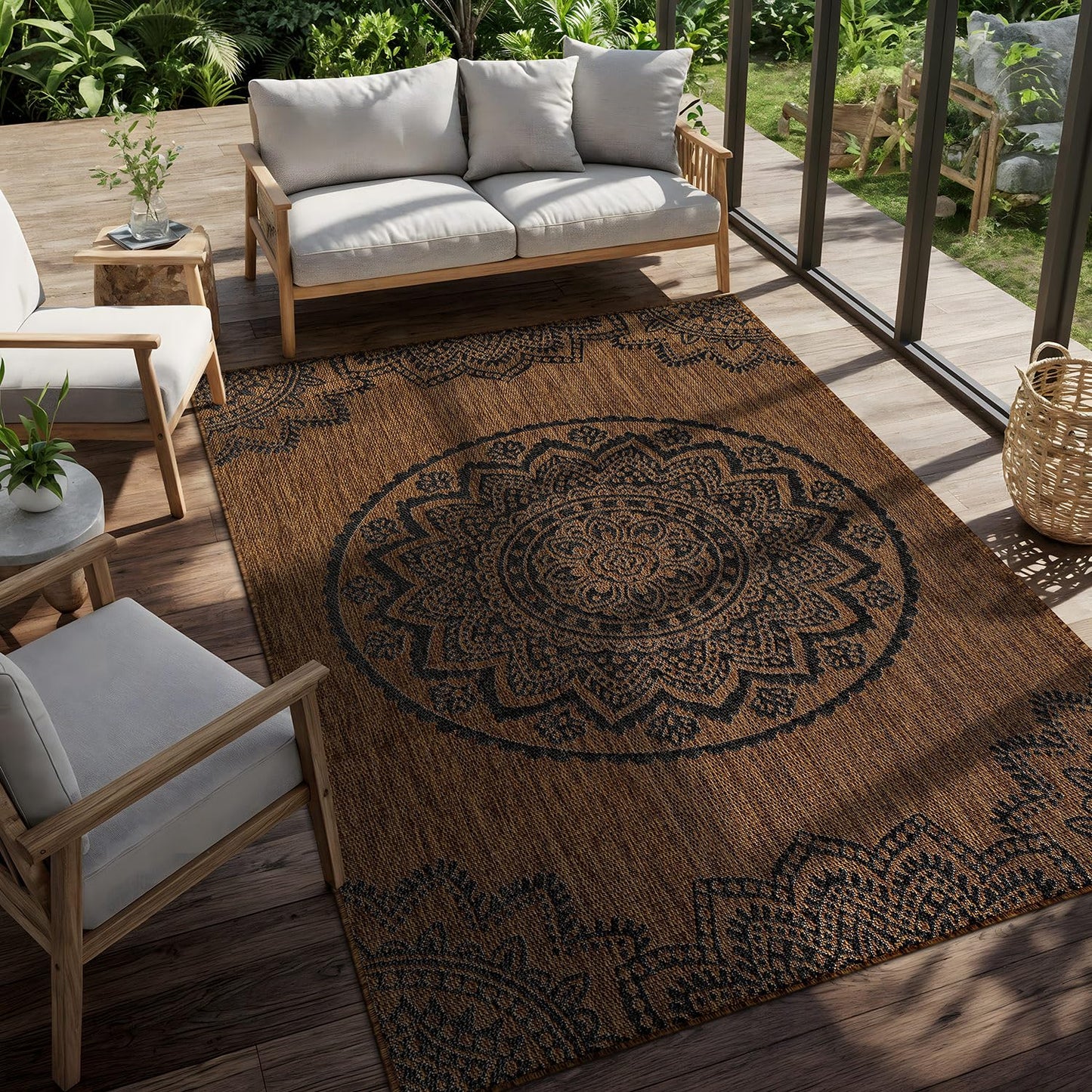 CAMILSON Outdoor Rug 5x7 Modern Area Rugs for Indoor and Outdoor Patios and Porches - Waterproof Washable Non-Shedding Easy-to-Clean Outside Carpet (5 x 7 Medallion - Gold/Black)