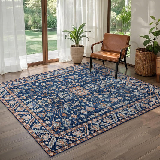 Brevonox 6x9 Area Rugs Washable: Oriental Soft Area Rug for Bedroom Living Room No Shedding - Low Pile Thin Carpet for Dining Room Non Slip - Boho Vintage Home Decor - Navy Blue