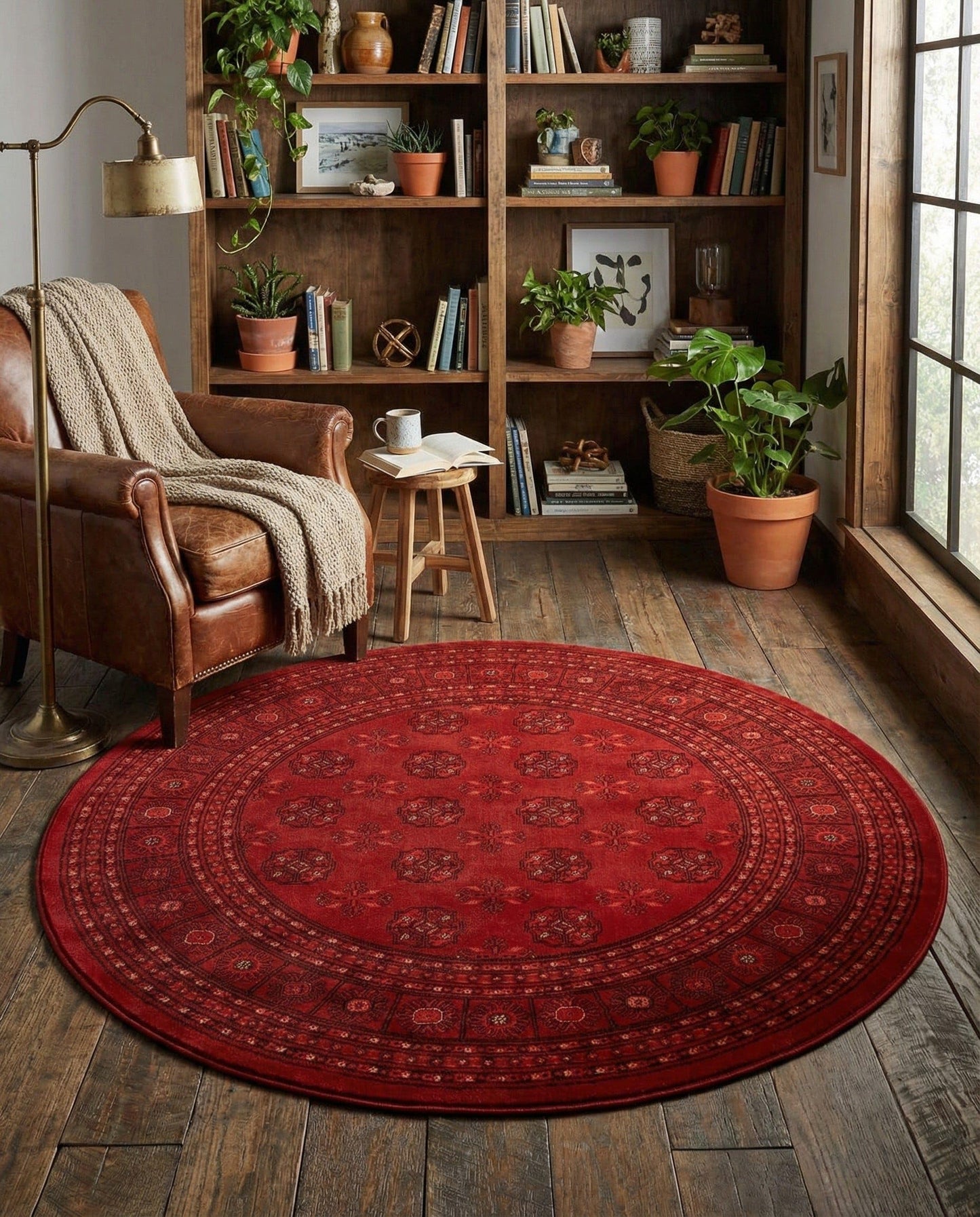 Rugs.com Bokhara Collection Rug – 5 Ft Round Red Medium-Pile Rug Perfect for Kitchens, Dining Rooms