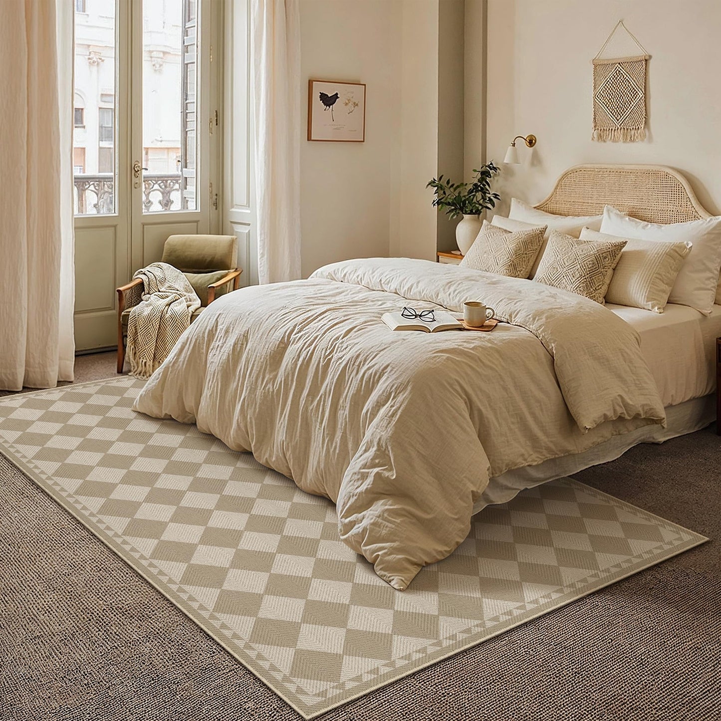 HUGEAR 5x7 Outdoor Rug Brown/Beige Linen-Look Fabric Checkered Area Rug High Traffic Stain Resistant Easy Clean Durable Rugs for Indoor/Outdoor Patio Deck Balcony Porch Garden Courtyard
