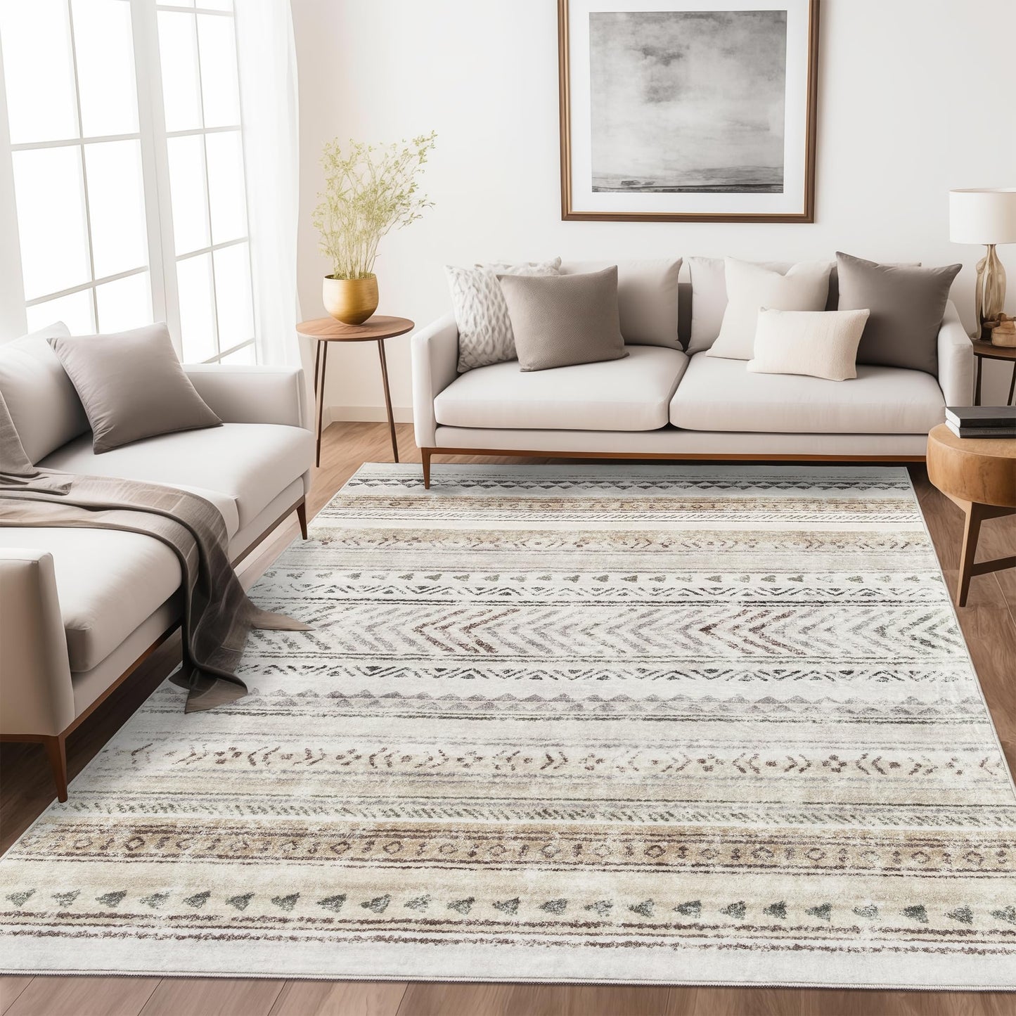 Art&Tuft 4x6 Rug, Super Soft Ultra-Thin Moroccan Washable Rug, Anti-Slip Backing Rugs for Living Room, Foldable Geometric Machine Washable (4'x6', Brown)