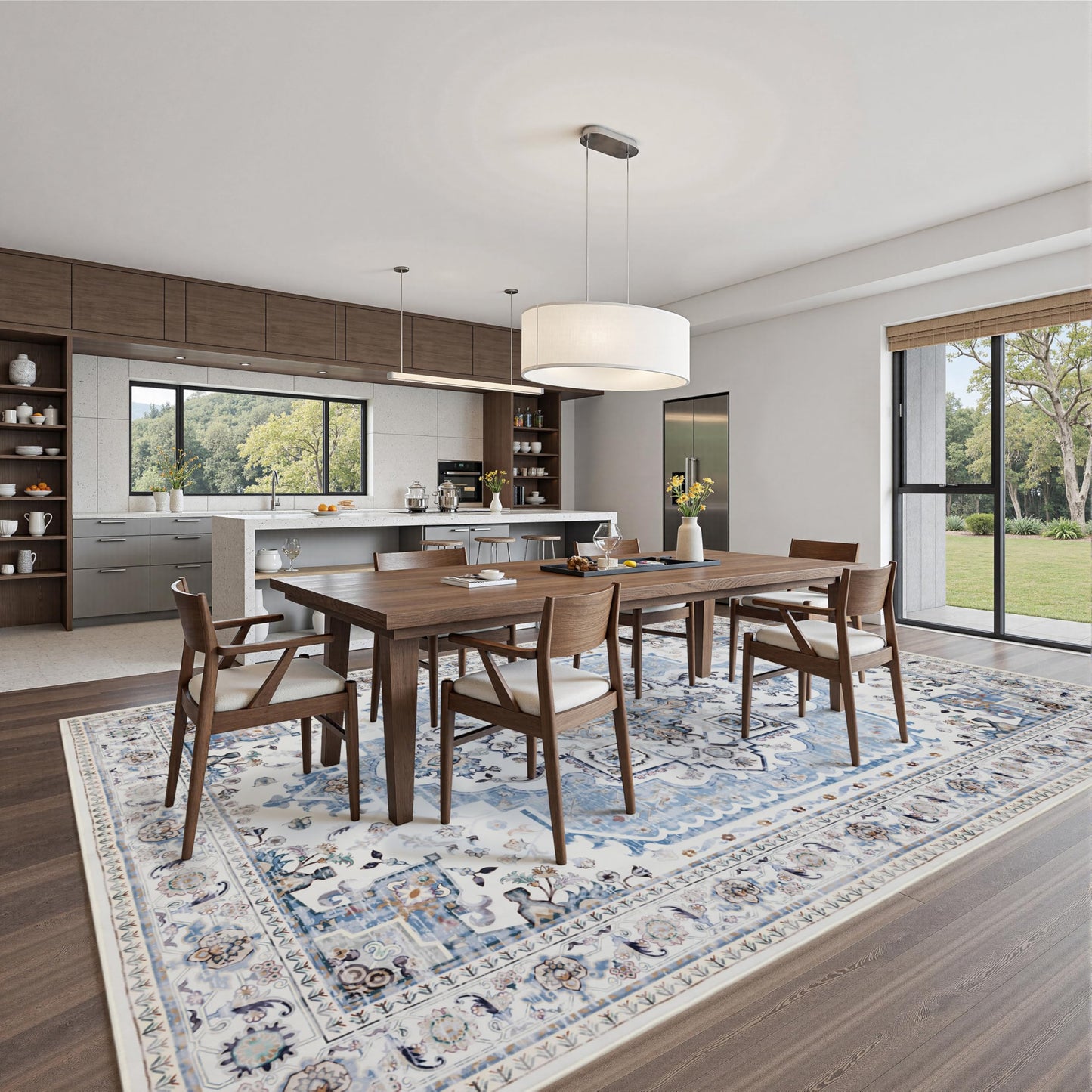 KENODITAN 9x12 Area Rug Living Room Rugs, Stain Resistant Washable Rug, Vintage Large Non-Slip Backing, Low Pile Lightweight Print Rug for Bedroom Dinning Room Home Office (White/Blue)