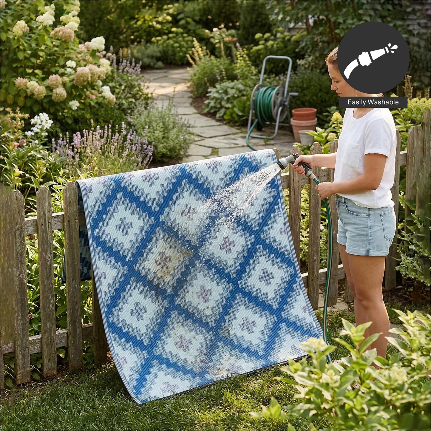 FH Home Outdoor Rug - Waterproof, Fade Resistant, Reversible - Premium Recycled Plastic - Geometric - Patio, Deck, Porch, Balcony, Laundry Room - Aztec Kilim - Blue Multi Crease Free - 4 x 6 ft