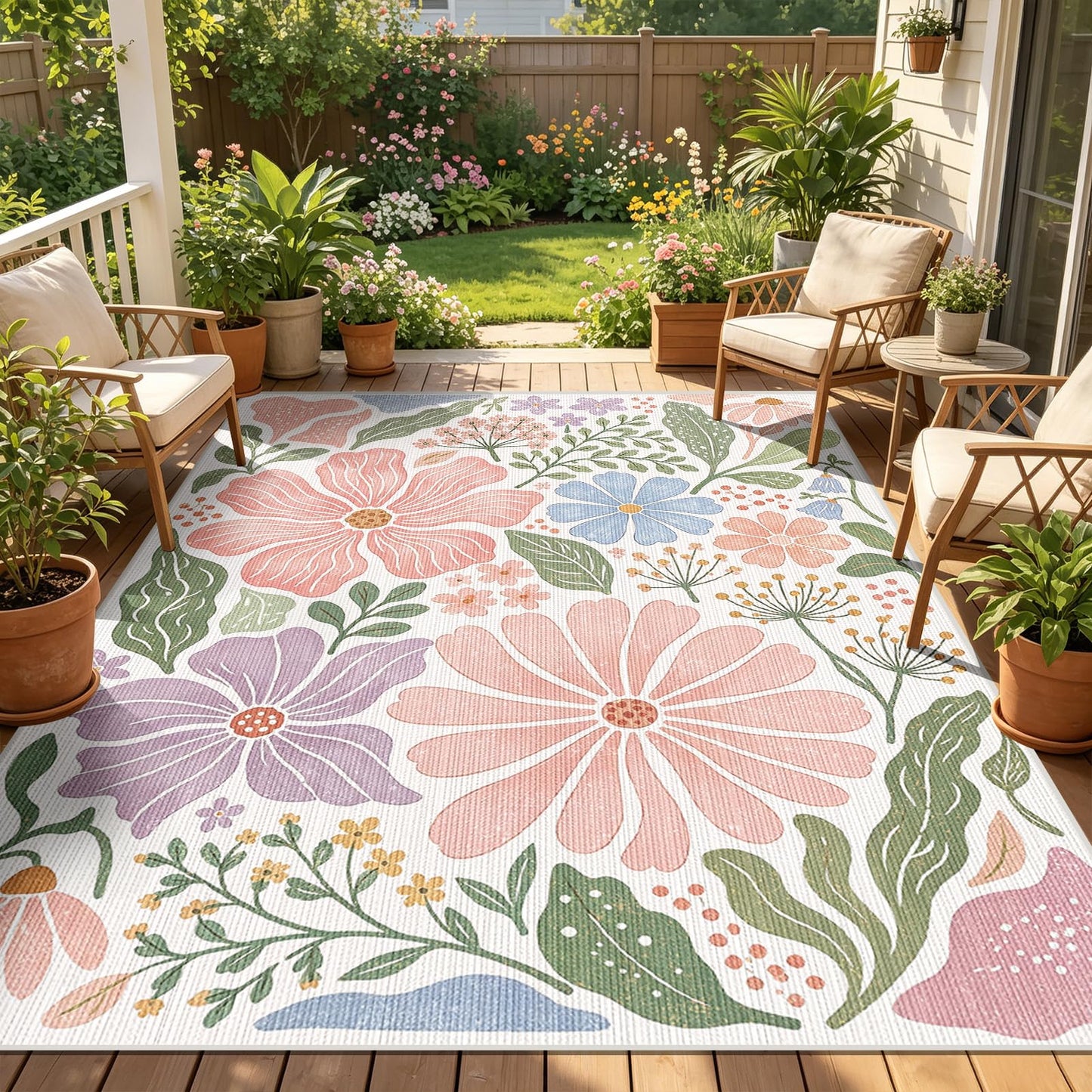 Pink Floral Area Rug for Living Room, 5x7 Soft Low Pile Washable Stain Resistant Non Slip Carpet, Boho Modern Abstract Botanical Pattern for Bedroom Sunroom