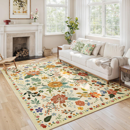 ARKIIKI 6x9 Area Rugs for Living Room, Floral Vintage Washable Yellow Rug Boho Non Slip Large Rugs, Low Pile Carpet Spring Decor for Bedroom Dining Room Kids Playroom Dorm