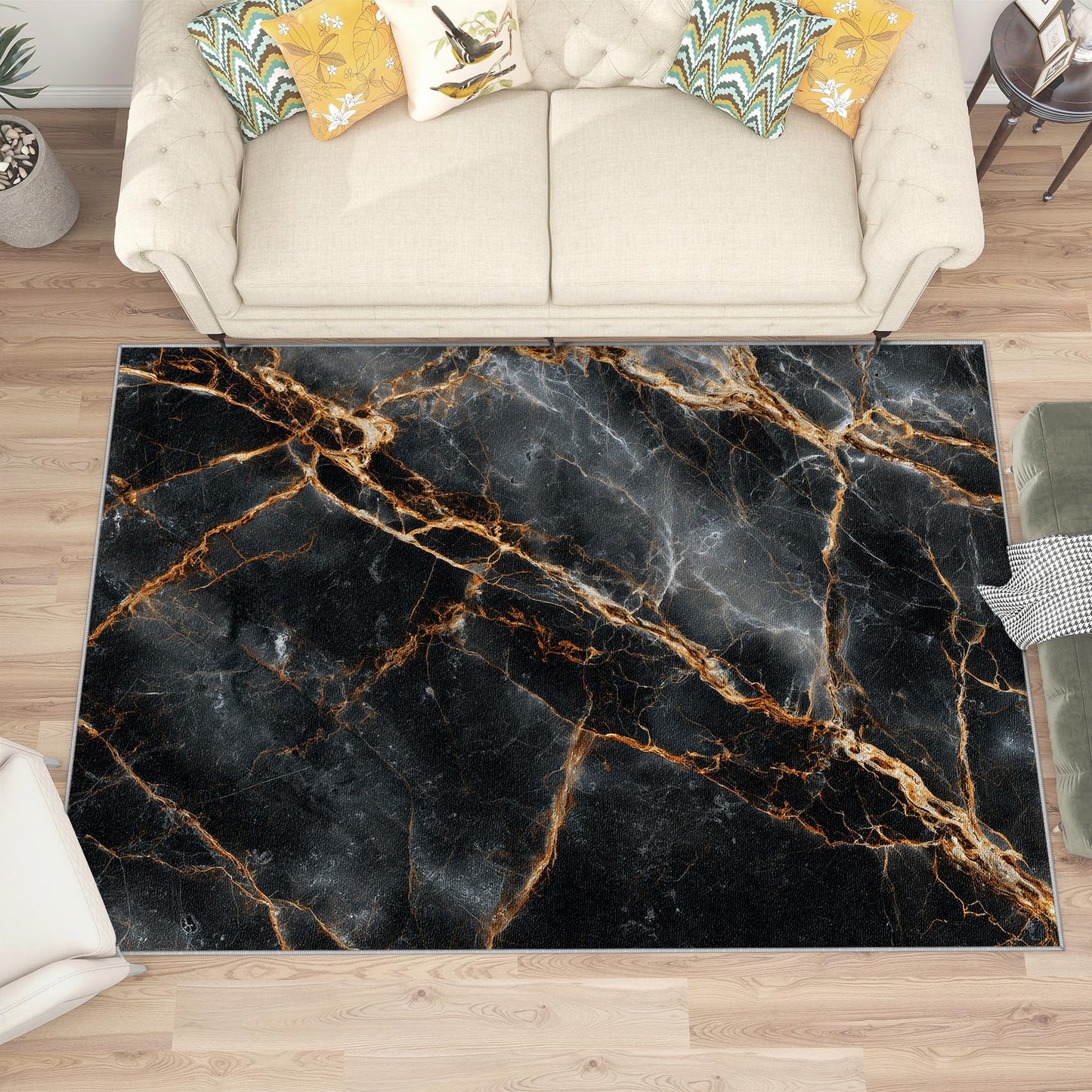 Aquailis Marble Rugs for Bedroom - Agate Rug, 5x6 Area Rug, Modern Abstract Washable Rugs for Bedroom, Black and Gold Living Room Area Rug, Marble Swirl Home Decor, Modern Gifts for Men