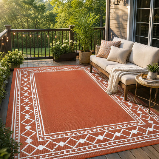 GlowSol 9x12 Outdoor Patio Rug Waterproof Reversible Camping Rug, Lightweight RV Mat for Backyard Deck Porch Balcony Garden Beach Picnic, Stain Resistant Outdoor Area Rug for Home Decor, Orange/White