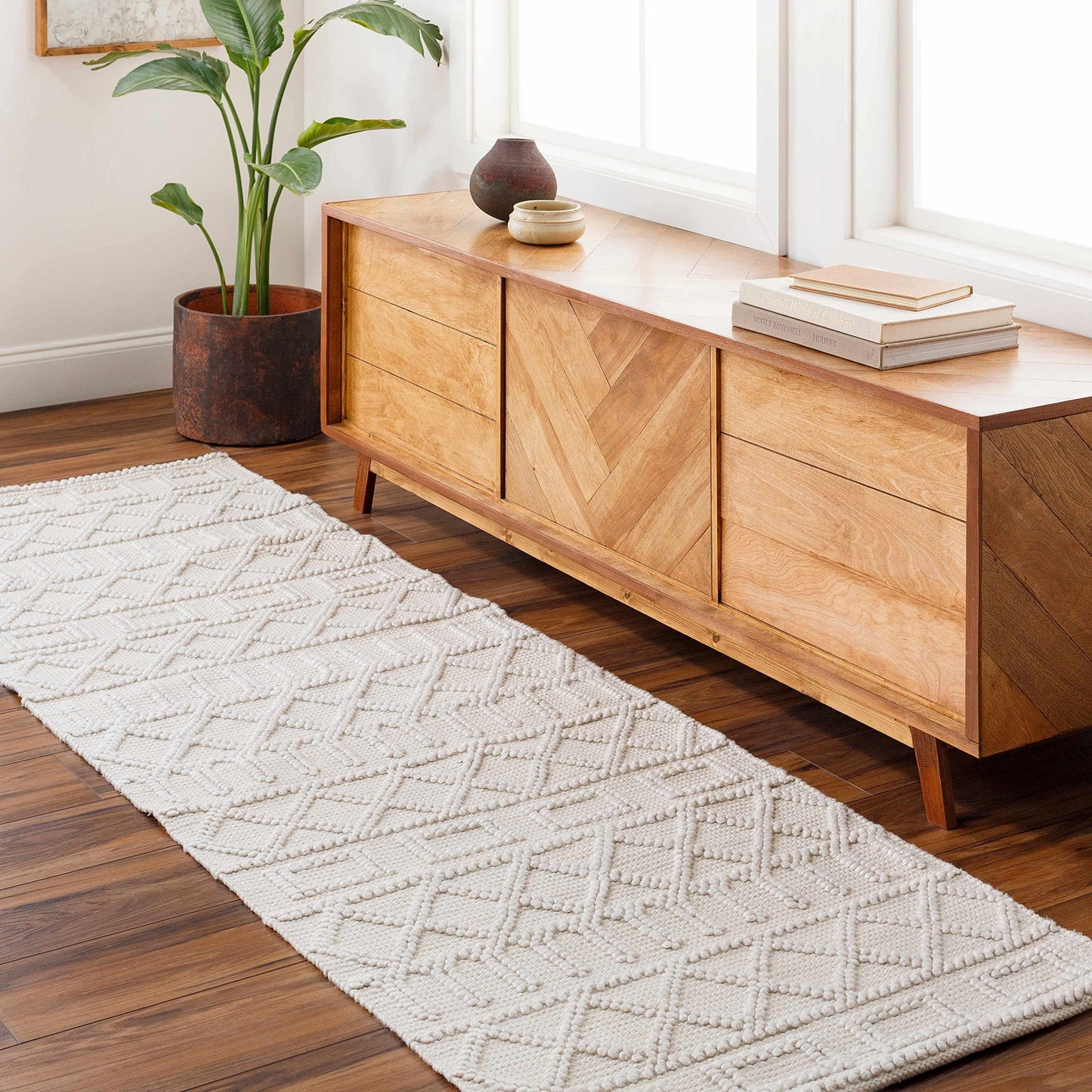 Hauteloom Canta Recycled Material Area Rug - Geometric Diamond Trellis Lattice Greek - Bohemian Transitional Modern Contemporary Farmhouse - Beige, Ivory, Cream, Neutral, Off - 27" x 45"