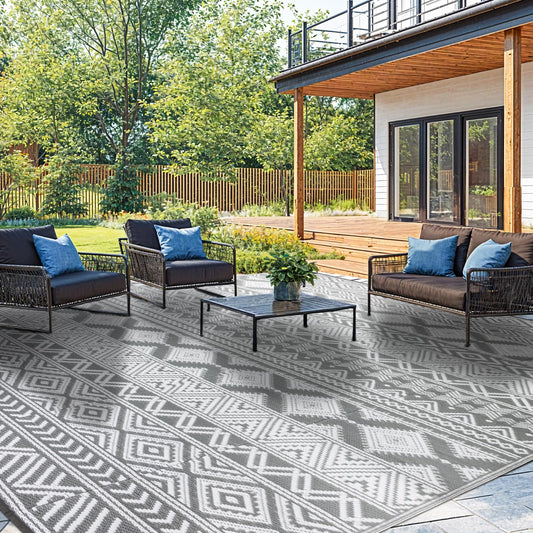 Waterproof Outdoor Rug 8x10 ft, Reversible Plastic Straw Patio Camping Rugs, Outdoor Indoor RV Mat Carpet for Patio, Outside Entry, Backyard, Deck, Bench, Picnic, Camper(8x10,Gray&White)