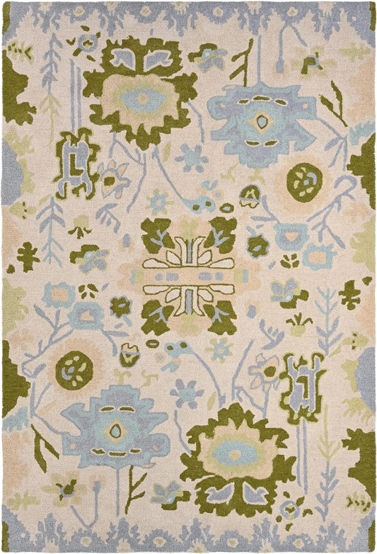 Handmade Oushak Wool Area Rug | Floral and Botanical Patterns in Soft Blue and Green | Luxurious Thick Pile for Living Room, Bedroom & Dining Room Decor (Blue & Green, 4' x 6')