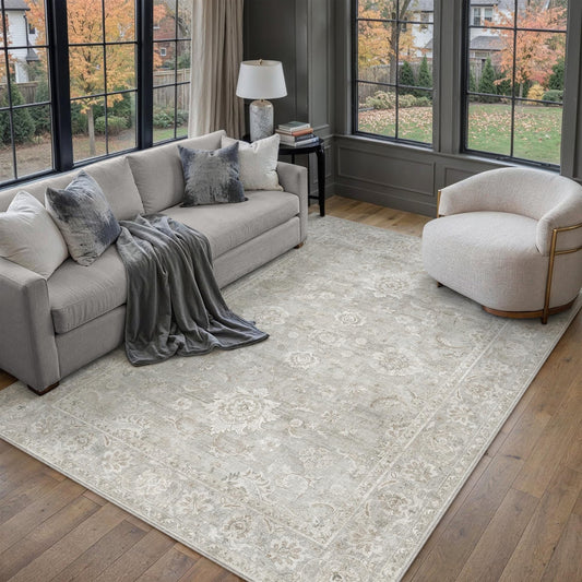 WondRg 4x6 Grey Washable Area Rug for Living Room Bedroom Neutral Floral Soft Non Slip Rug Low Pile Distressed Carpet for Dining Room Nursery Office Indoor