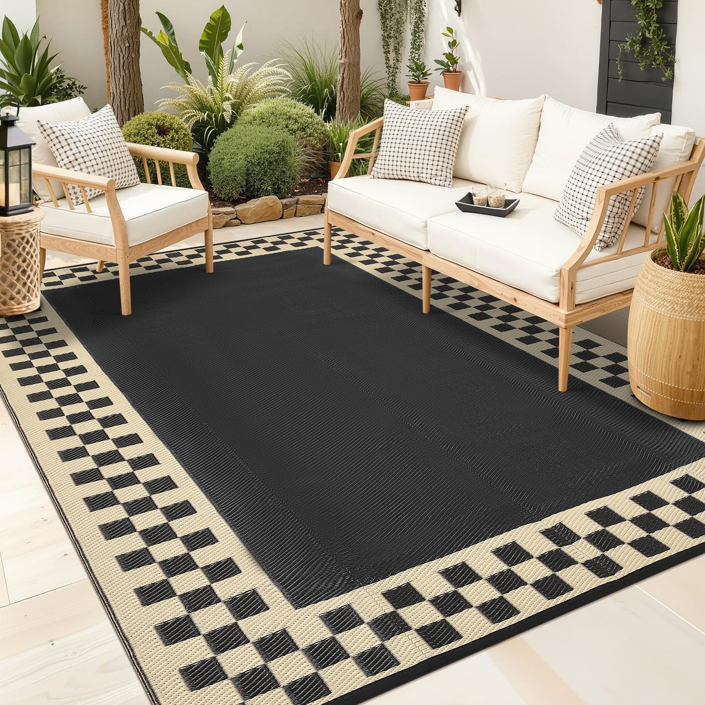 Garvee Outdoor Rug 9x12 Waterproof Reversible Patio Rug Modern Geometric Outdoor Carpet, Fade-Proof & Weather Resistant Minimalist RV Picnic Camping Mat for Garden Backyard Balcony, Black & Beige