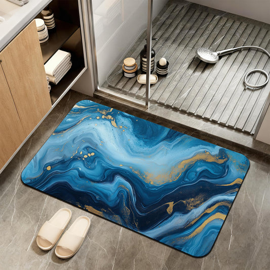 ZTHLL Bath Mat,Blue Gold Flowing Marble Bathroom Rugs,Quick-Drying Non-Slip Rubber Bath Mats Absorbent Diatomaceous Earth Mat for Bathroom Home Decor 17"x29.5"