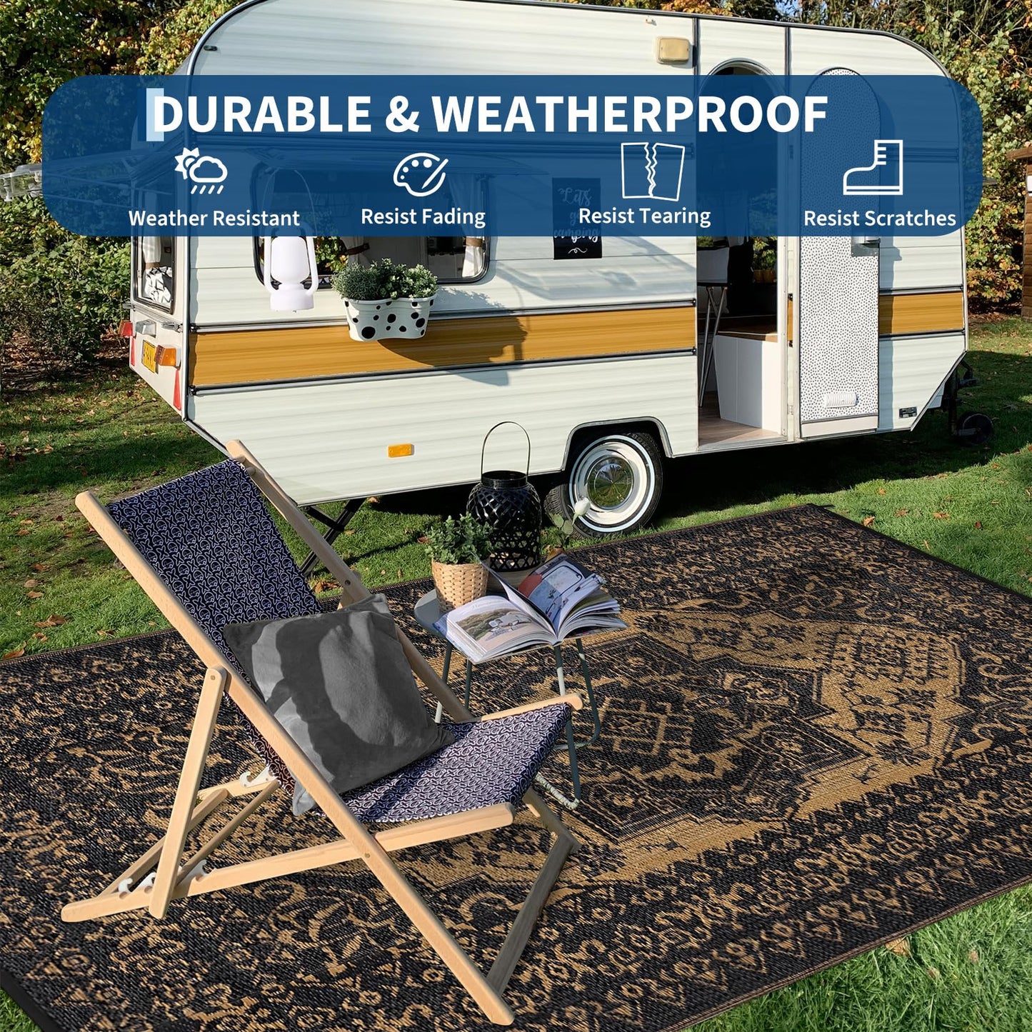 Garvee Outdoor Patio Rug 9x12 Waterproof Reversible Mat Medallion Outdoor Plastic Straw Rug with 4 Stakes and Starage Bag Portable Area Rug for Camping Porch Deck Rv Balcony Backyard Beach, Brown