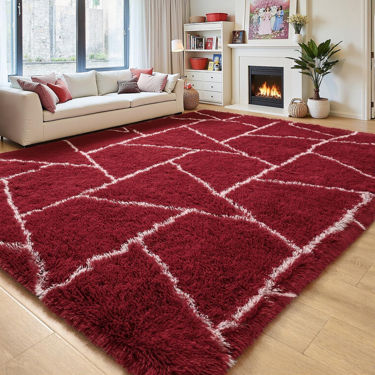 FALARK Fluffy Area Rugs for Living Room Bedroom, Modern Geometric 4x6 Feet Red White Rug, Soft Plush Shaggy Fuzzy Floor Bedside Carpet for Nursery Kids Girls Boys Teen Dorm Home Office Decor