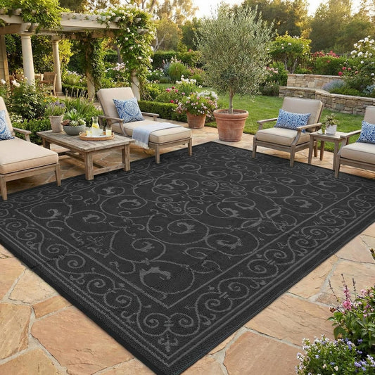 GAOMON Large Outdoor Camping Rug 9x18 Vintage Floral Reversible Outdoor Carpet, Foldable Retro Plastic Straw Rug, Portable Outside Patio Rugs Floor Mat for Porch, Beach, Balcony,Vintage-Black&Grey