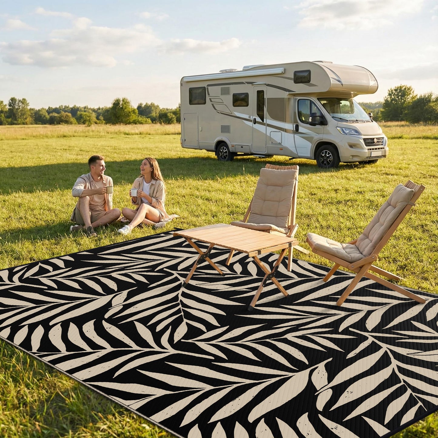 Smiry Outdoor Rug 8x10 ft, Waterproof Reversible Plastic Straw Rugs, Outdoor Area Rug with Leaf Pattern, Outside Floor Mat for Patio, Backyard, Deck, Picnic, Beach, Camping, Black & Beige