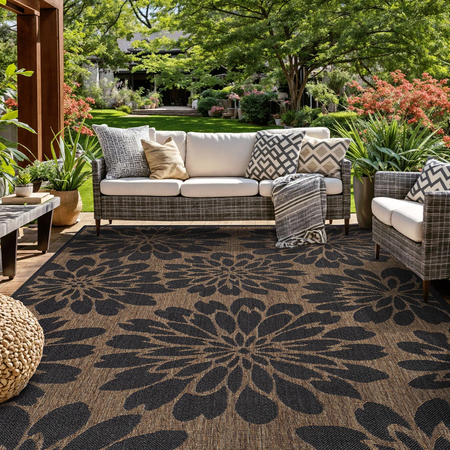 Rugshop Floral Indoor Outdoor Flat Woven Area Rug,Natural Jute-Style,Easy-Care Patio Rug for Backyard Porch Deck Balcony, 6'6" x 9' Dark Gray/Natural