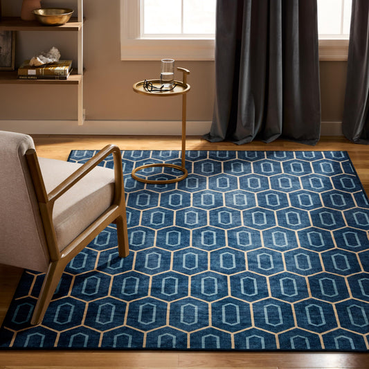 EVERWASH Haven Mod Geo Machine Washable Area Rug with Airflo Technology for Easy Clean, Ultra-Soft Pile, Built-in Rug Pad with Non-Slip Backing, Pet, Family & Allergy Friendly Rug, Blue, 8'x10'