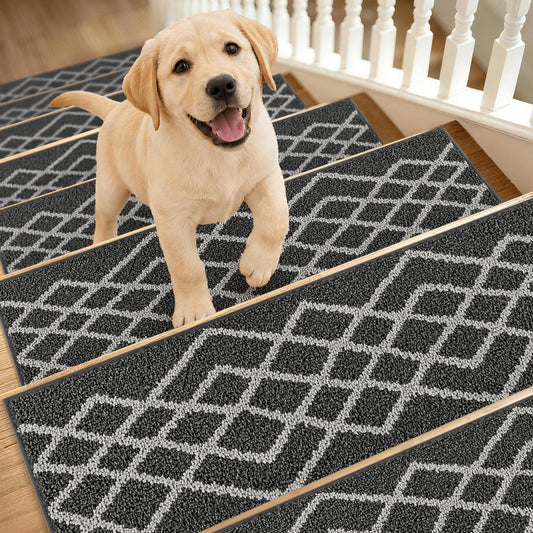 COSY HOMEER Soft Stair Treads Non-Slip Carpet Mat 28inX9in Indoor Stair Runners for Wooden Steps,Stair Rugs for Kids and Dogs, 100% Polyester TPE Backing 7pcs,Black,Rhombus