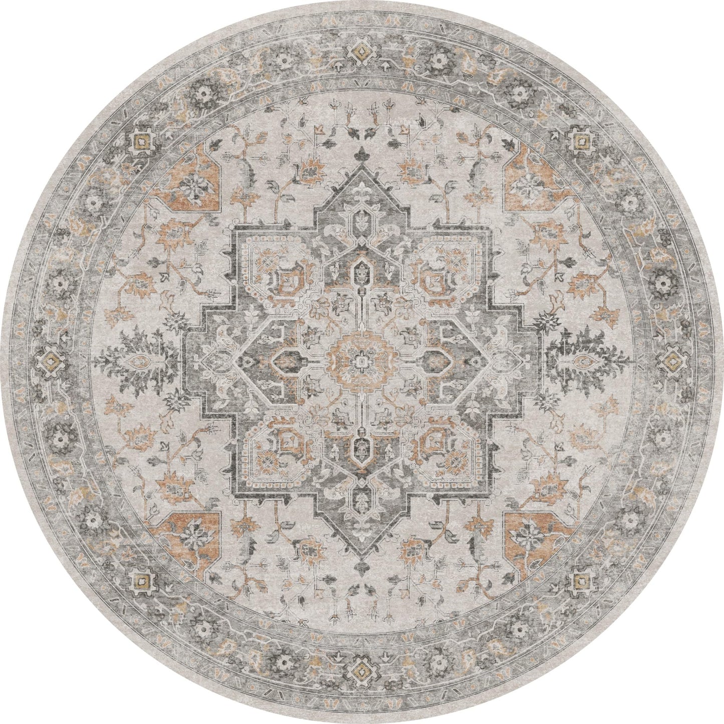 GENIMO 5FT Round Area Rugs for Living Room, Circle Rugs Machine Washable Low Pile, Non Slip Vintage Rug for Bedroom, Dining Room, Home Office, Light Taupe Brown