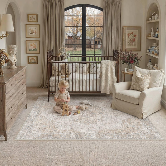 HUGEAR Area Rugs 4x6 Washable Rug for Living Room Bedroom Beige Vintage Rug Carpet Low Pile Non Slip No Shedding Soft Durable Indoor Dining Room Home Decor Floor Mat