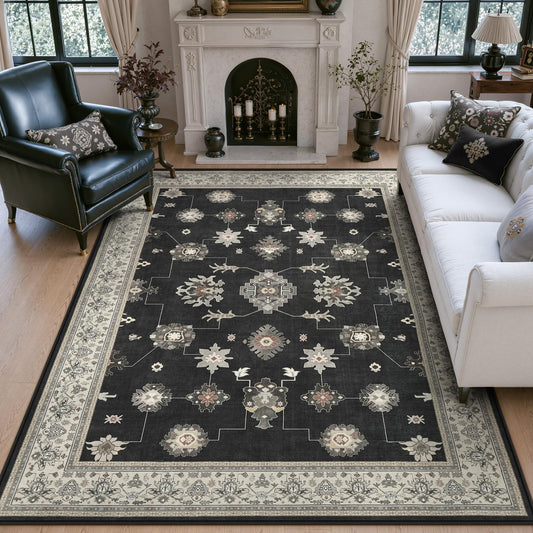 Tribesigns Vintage Black 8 x 10 Area Rugs for Living Room, Soft Oushak Washable Bedroom Dining Room Rug, Non-Slip Ultra Thin Stain Resistant Farmhouse Indoor Carpet for Playroom Office Decor