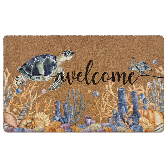 XLDLIOO Beach Welcome Door Mat, Coastal Doormat, Sea Turtle Coral Welcome Front Door Mat Indoor Outdoor Entrance, Ocean Artificial Coir Doormats Rugs for Porch Patio Entryway Home Room Decor 30x17in