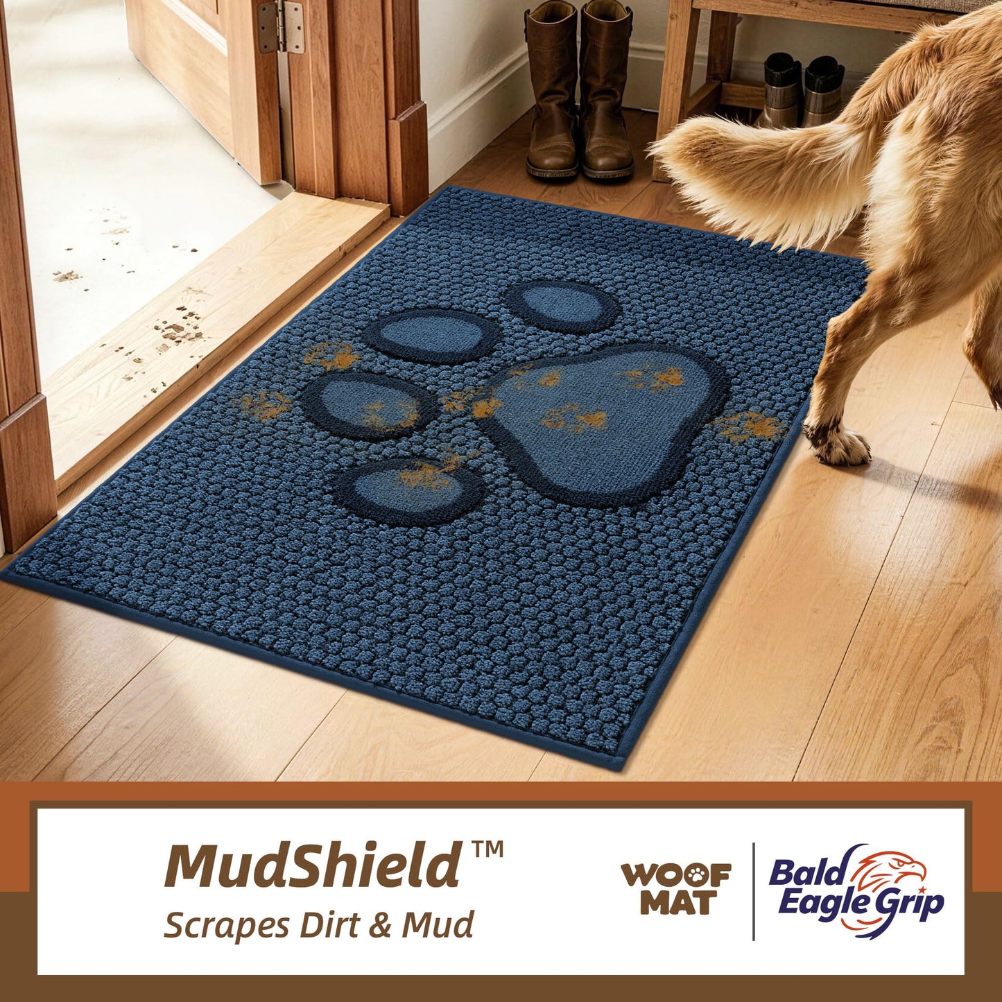 Bald Eagle Grip Dog Paw Doormats 32''x48'' for Dirty Paws, Washable Entryway Floor Rugs Dirt Trapper with TPR Backing, Absorbent Low Profile Doormat for Front Door, Hallway, Entryways, Blue