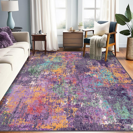 RELEANY Washable Area Rugs 5'x7' Non-Slip Modern Abstract Soft for Living Room Entryway Bedroom Kitchen, Print Pattern, Purple Orange Blue Green Rust Red Colorful
