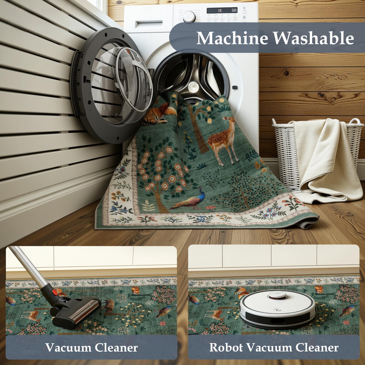 Y-BEST Washable 4x8 Kitchen Area Rug: 8ft Low Pile Wide Rugs for Bedroom Home Office Soft Animal Botanical Print Pattern Non-Slip Backing Carpet for Dining Room Entryway Bathroom (4x8 Forest Green)