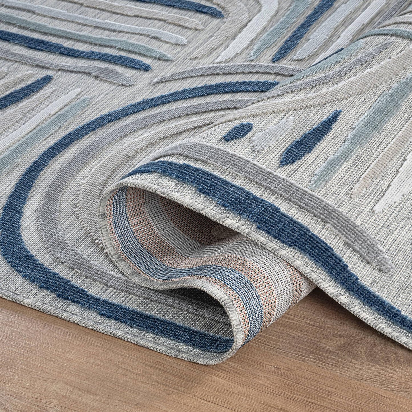 CAMILSON Indoor Outdoor Rug, Blue 9x12 Geometric Arch Striped Large Area Rugs for Patio and Home Areas, Easy-Cleaning Non-Shedding Living Room, Garden and Deck Washable Outside Carpet (9 x 12)