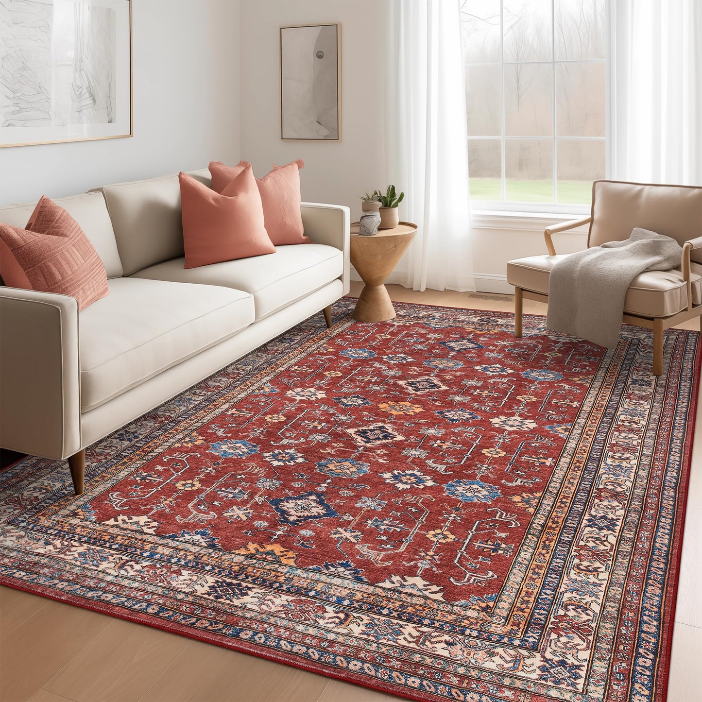 Rugland 5x7 Area Rugs - Stain Resistant Washable Rugs 5x7, Anti Slip Backing Low Pile Rugs for Living Room, Bedroom, Vintage Tribal Area Rugs, Burgundy