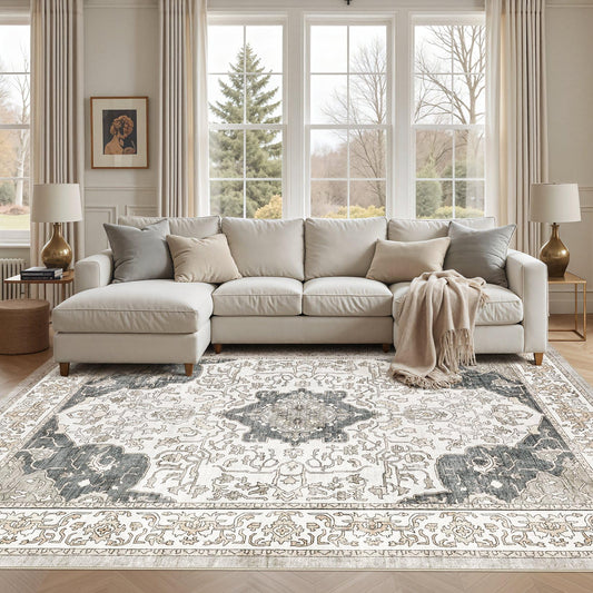 cotiled 5x7 Area Rug Machine Washable Vintage Carpet for Living Room Bedroom Soft Non-Slip Backing Floor Mat Kid & Pet Friendly Stain Resistant Light Brown