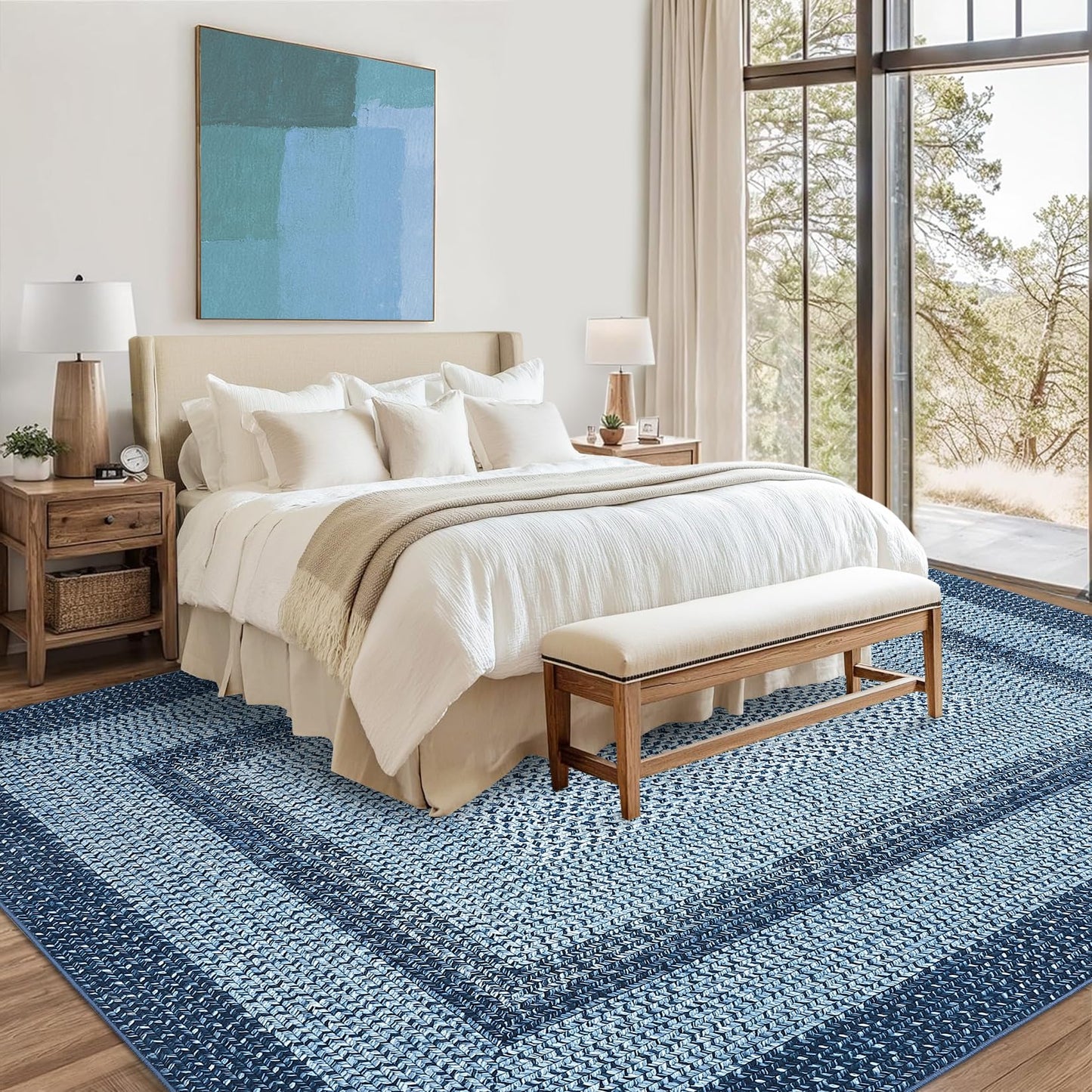 COZYLOOM 5x7 ft Area Rugs for Living Room Space, High Density Plush Carpet, Machine Washable and Non-Slip Polyester Rug, Easy Care Gabbin Weave Design(Grey Blue)