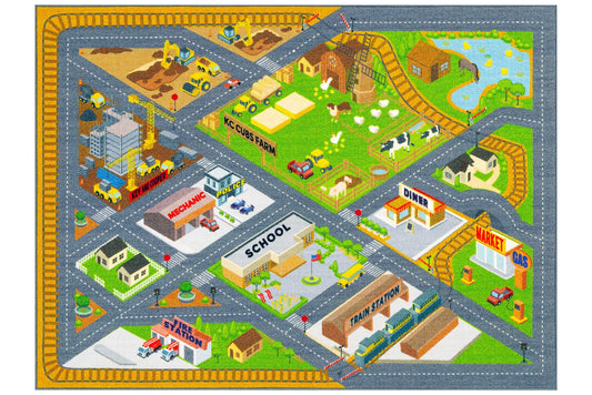 KC Cubs 3x5 Country Farm Construction Car Road Street Rug – Educational Carpet Play Mat for Kids, Toddlers, Nursery, Classroom, Playroom, Baby Daycare