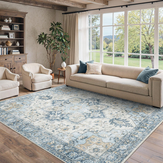 BESBLEE 8x10 Area Rugs for Living Room, Machine Washable Non Slip Vintage Rugs, Low Pile Lightweigt Chenille Print Indoor Rug for Bedroom, Dining Room, Home Office, Blue