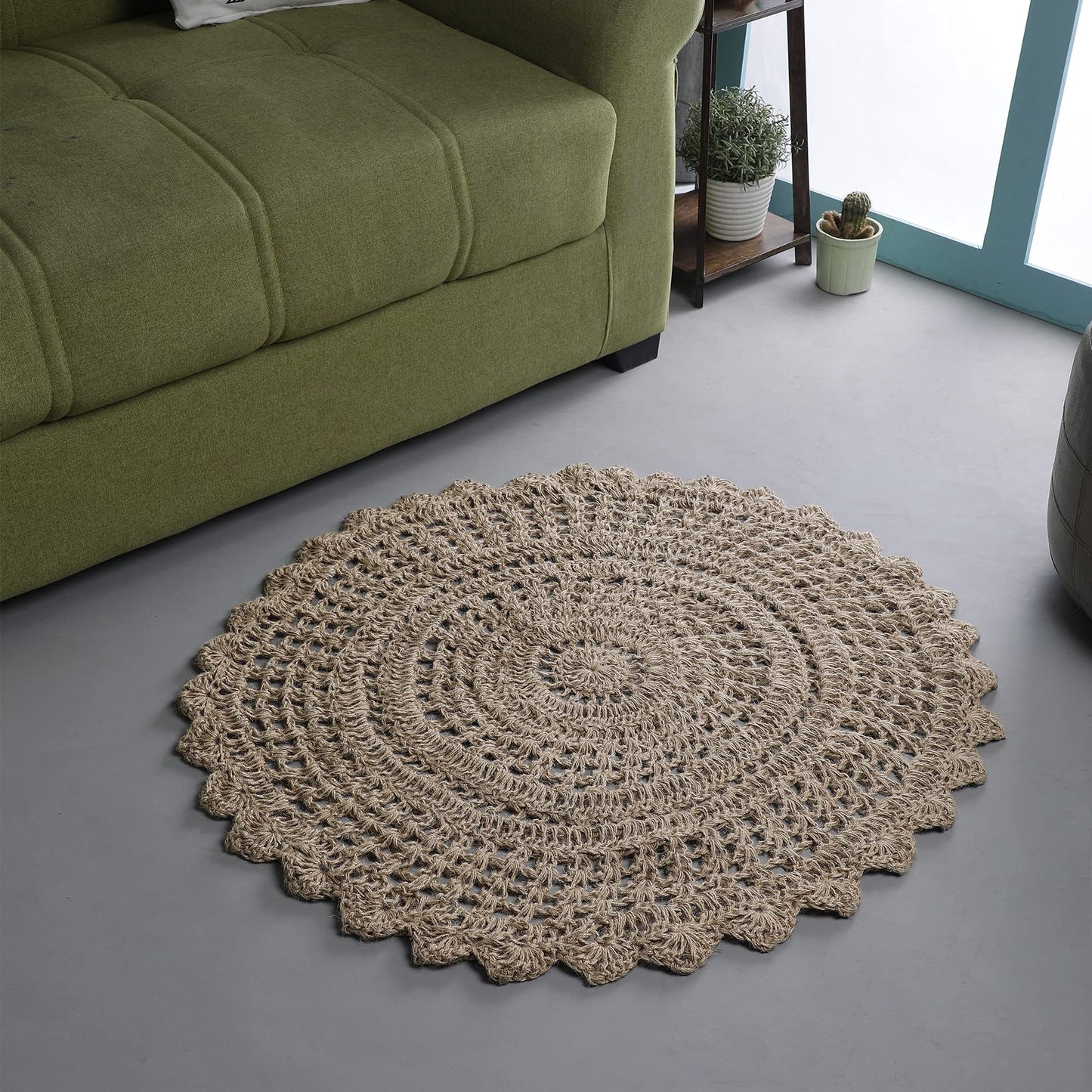 Jute Hand Crochet Rug, Natural - 3 Feet Round, Non Slip Decorative Small Area Rugs for Bedroom, Kitchen, Living Room, Nursery | Farmhouse Accent Scalloped Rustic Door Mat for Patio Décor