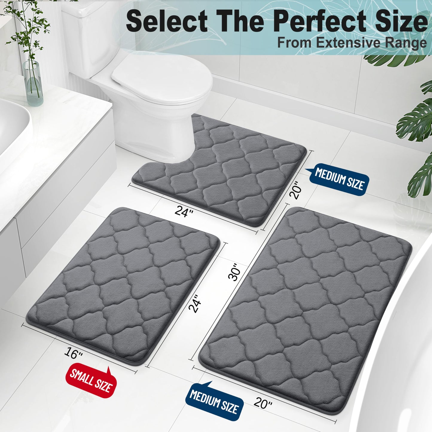 OLANLY Memory Foam Bath Mat Set of 3 Piece, Bathroom Rugs and Toilet Rug U-Shaped, Ultra Soft and Absorbent, Comfortable, Non-Slip, Machine Washable, Shower and Home Decor Accessories, Dark Grey