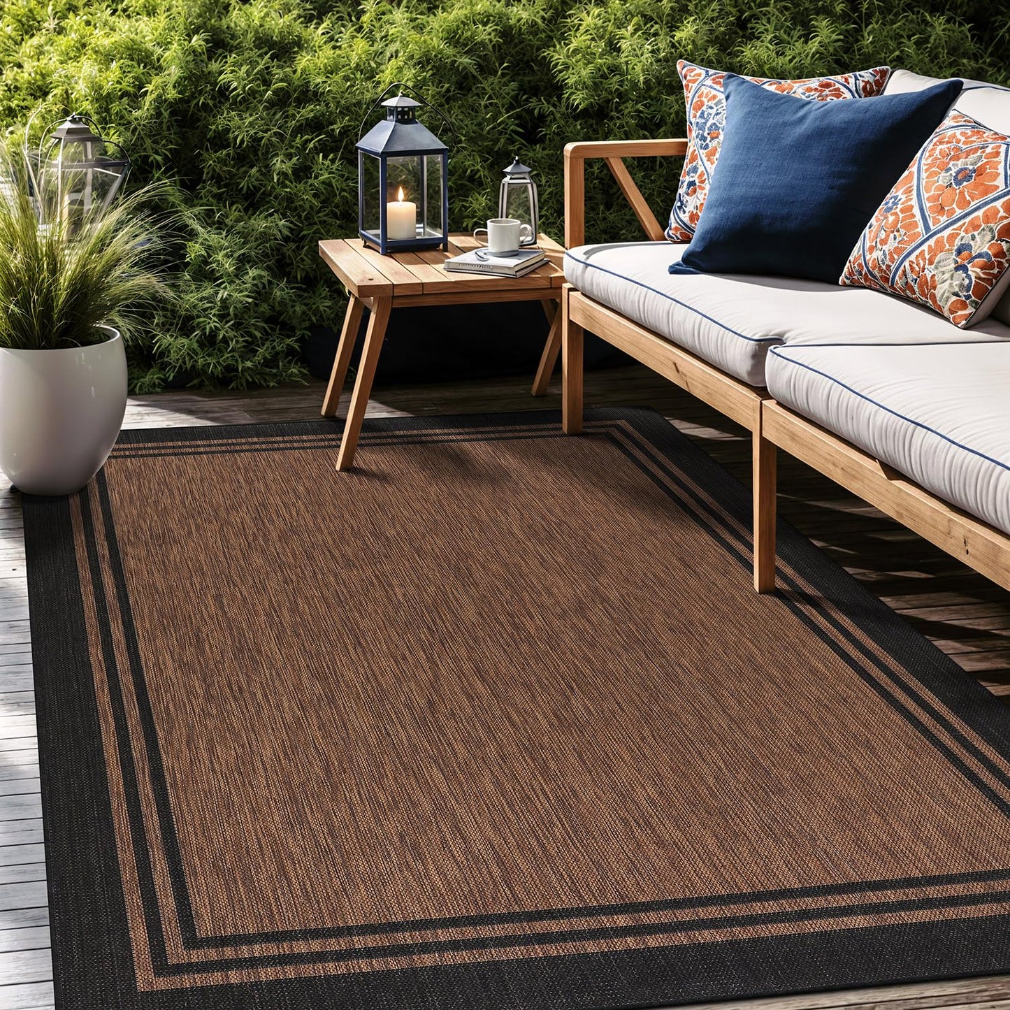 Luul Home Bordered Outdoor Rug 8x10 Washable Outside Carpet for Indoor Patio Porch Waterproof Easy Cleaning Non Shedding Area Rugs Nut Brown 8 x 10